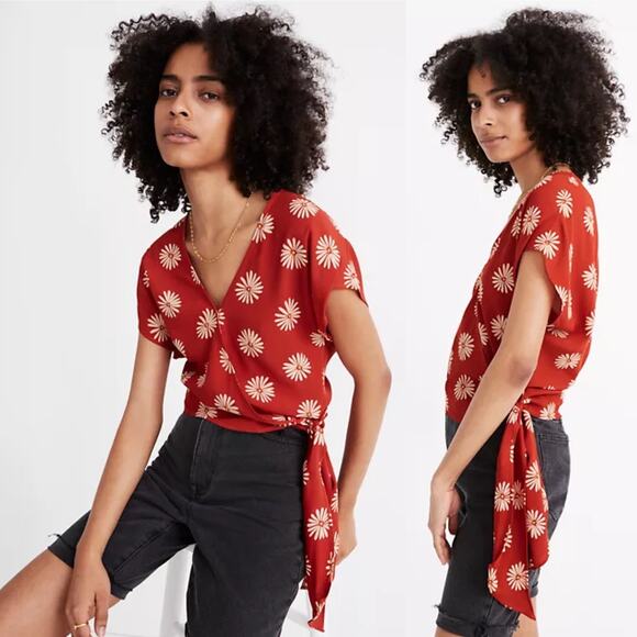 Madewell Sash-Tie Wrap Short Sleeve Top Daisy Daydream Summer - Picture 1 of 9